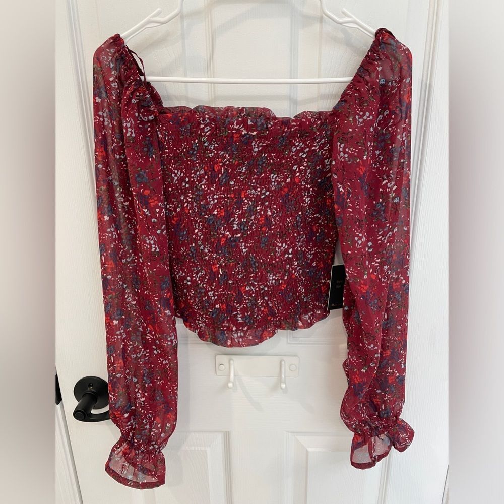 Japna Red Floral Abstract Print Ballon Sleeve Elastic Body Top Women’s Size XS